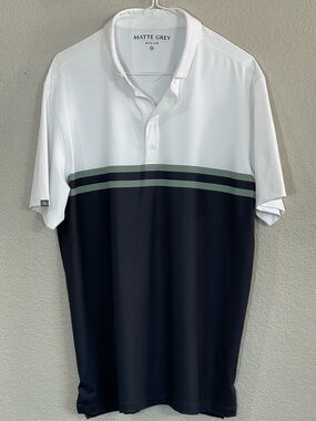 Matte Grey Men’s White & Black Golf Polo with Olive Stripe Size Medium